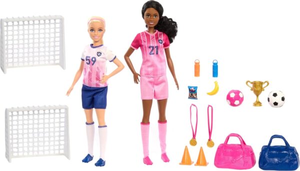 Barbie Careers Playset, Soccer Player Set with 2 Fashion Dolls & 15 Accessories Including Barbie Brooklyn”, Blonde Petite Player, 2 Nets & More - Image 2