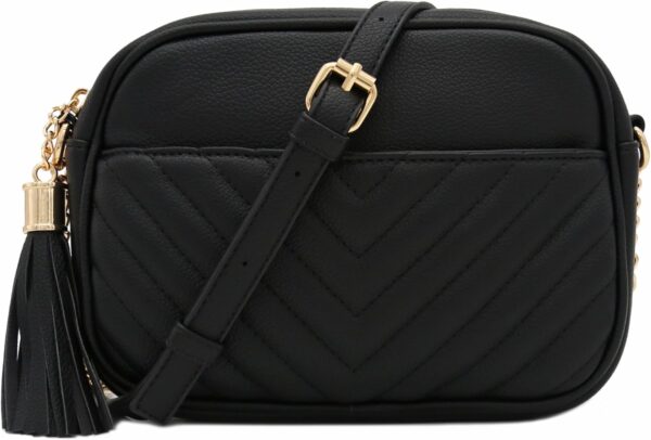 FashionPuzzle Chevron Quilted Crossbody Camera Bag with Chain Strap and Tassel