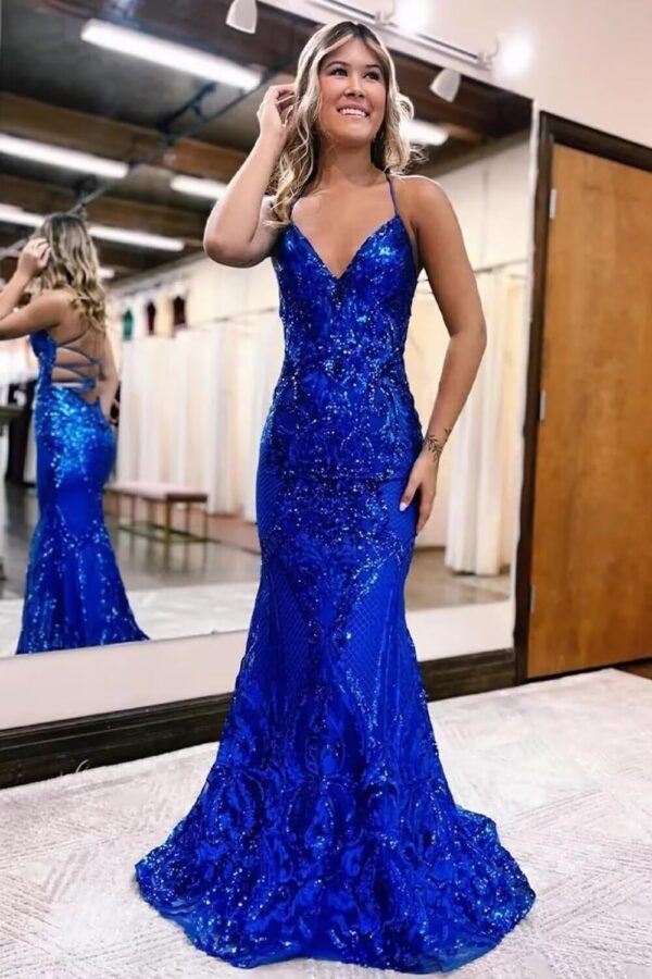 TIRAS Long Sequin V Neck Prom Dresses Spaghetti Straps Mermaid Formal Party Evening Gowns for Women CM267 - Image 4