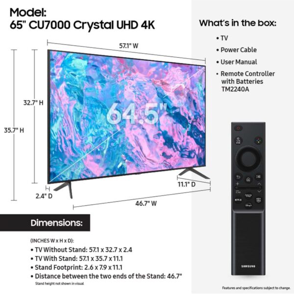 SAMSUNG 65-Inch Class Crystal UHD CU7000 Series PurColor, Object Tracking Sound Lite, Q-Symphony, 4K Upscaling, HDR, Gaming Hub, Smart TV with Alexa Built-in (UN65CU7000, 2023 Model) - Image 2