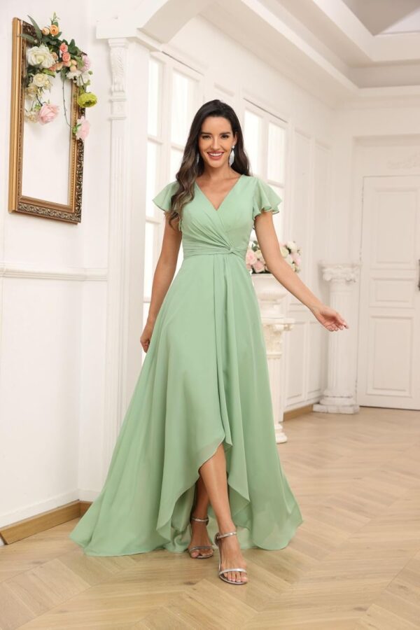 MAGGCIF Short Sleeve Bridesmaid Dresses for Women with Slit A Line Ruffle Chiffon Long Formal Evening Party Gown - Image 2