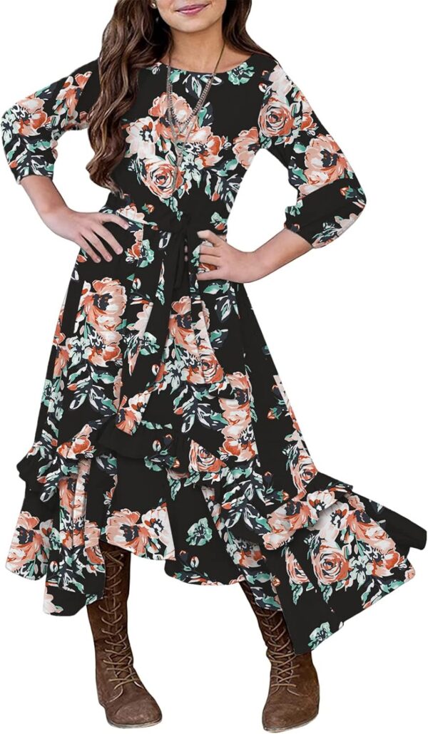 KYMIDY Girls Floral Maxi Dress Kids 3/4 Sleeve Boho Casual Pocket Ruffle Swing Dresses with Belt for Girls 6-12 Years