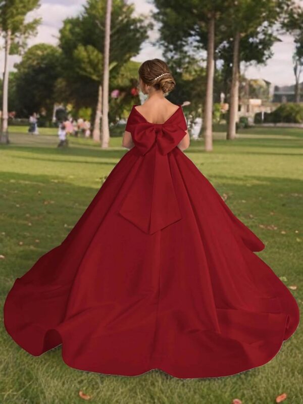 Satin Flower Girl Dress with Bow - Off Shoulder First Communion Dress for Girls Pageant Dresses - Image 4