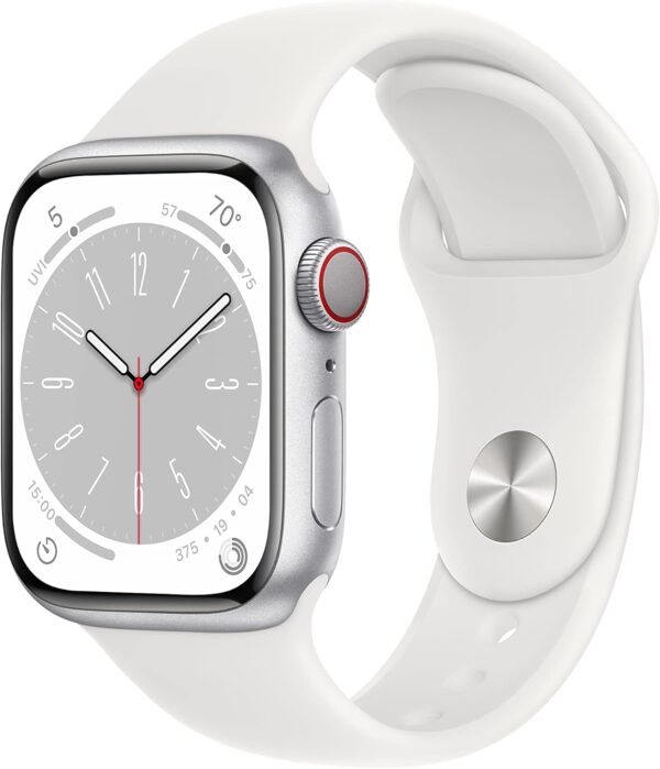 Apple Watch Series 8 [GPS + Cellular, 41mm] - Silver Aluminum Case with White Sport Band, S/M (Renewed)