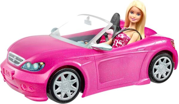 Barbie Doll & Car Playset, Sparkly Pink 2-Seater Toy Convertible with Glam Details & Fashion Doll in Sundress & Sunglasses (Amazon Exclusive)