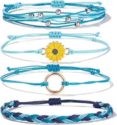 FANCY SHINY Sunflower String Bracelet Handmade Braided Rope Charms Boho Surfer Bracelet for Women