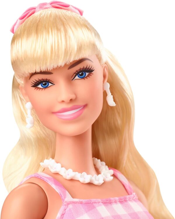 Barbie The Movie Doll, Margot Robbie as, Collectible Doll Wearing Pink & White Gingham Dress with Daisy Chain Necklace - Image 3