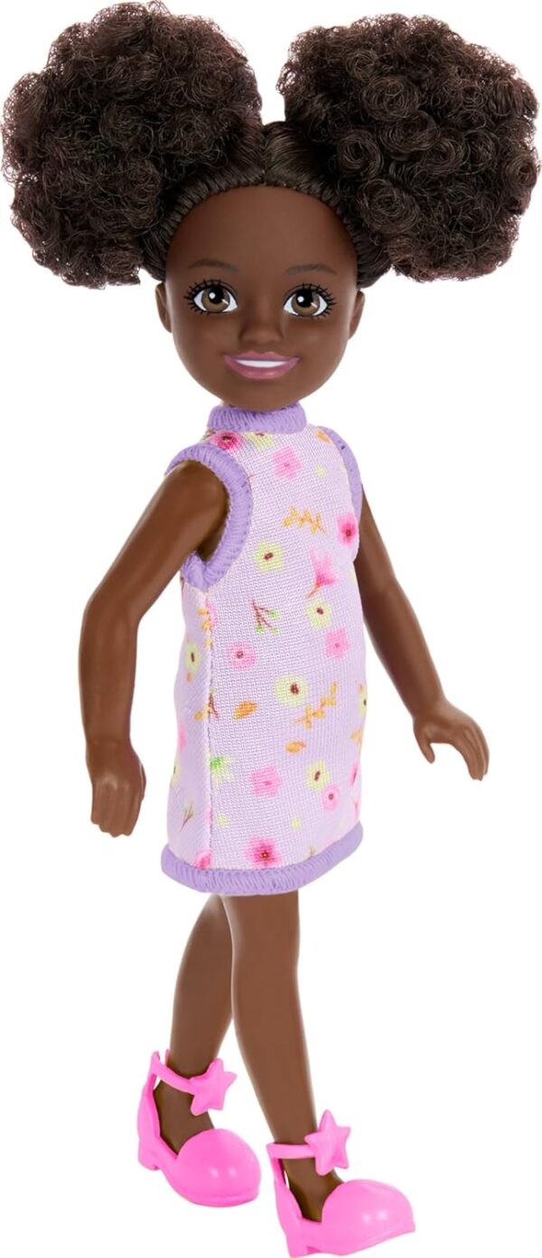 Barbie Chelsea Doll, Small Doll Wearing Removable Purple Floral Dress & Pink Shoes with Space Buns & Brown Eyes - Image 4