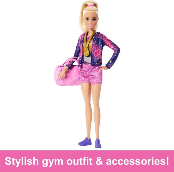 Barbie Careers Playset, Gymnastics Set with Blonde Gymnast Fashion Doll, C-Clip for Flipping Action, Balance Beam, Warm-Up Suit & Accessories - Image 4