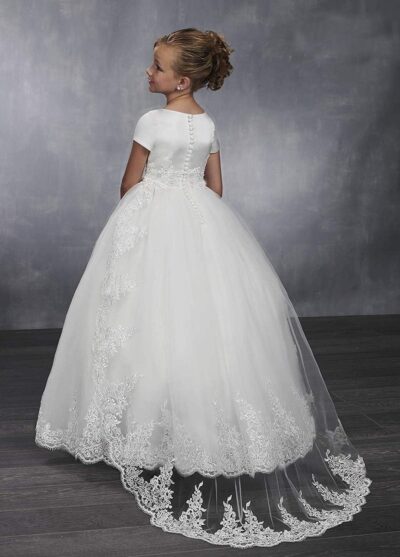 White Lace Flower Girl Dress Communion Gown Short Sleeve Princess Ball Gown with Train - Image 2