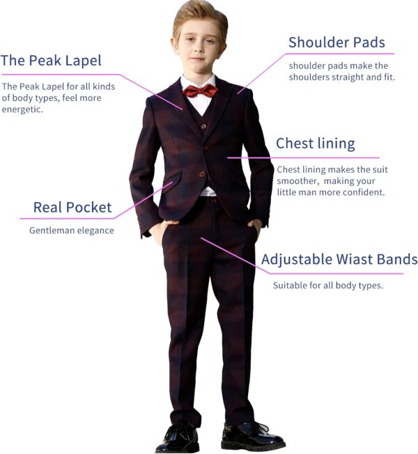 ELPA ELPA Boys 7-Piece Plaid Suits Slim Fit Little Kids and Big Youth Boy Suit Set - Image 2