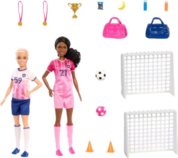 Barbie Careers Playset, Soccer Player Set with 2 Fashion Dolls & 15 Accessories Including Barbie Brooklyn”, Blonde Petite Player, 2 Nets & More - Image 4