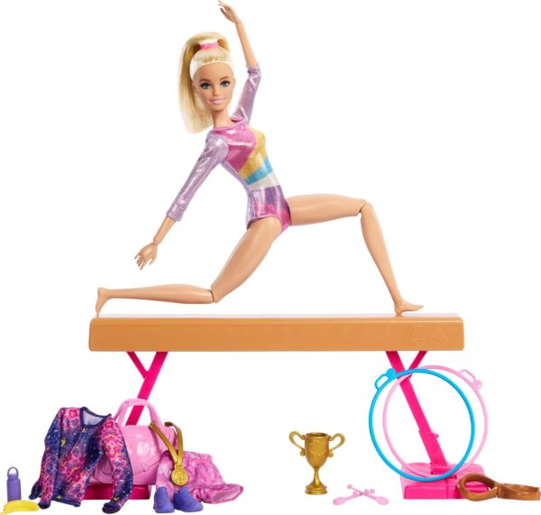 Barbie Careers Playset, Gymnastics Set with Blonde Gymnast Fashion Doll, C-Clip for Flipping Action, Balance Beam, Warm-Up Suit & Accessories - Image 5