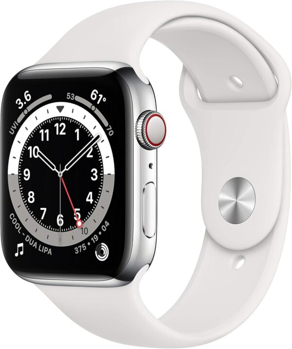 Apple Watch Series 6 (GPS + Cellular, 44mm) - Silver Stainless Steel Case with White Sport Band (Renewed)