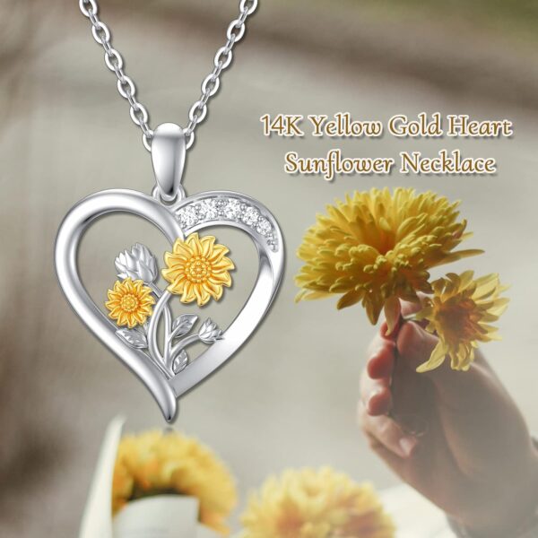 14K Real Gold Nature Diamond Heart Necklace for Women,White/Yellow Gold Sunflower Heart Pendant | You are My Sunshine,Anniversary Birthday Love Jewelry Gifts for Wife Mom 16"-18'' - Image 3