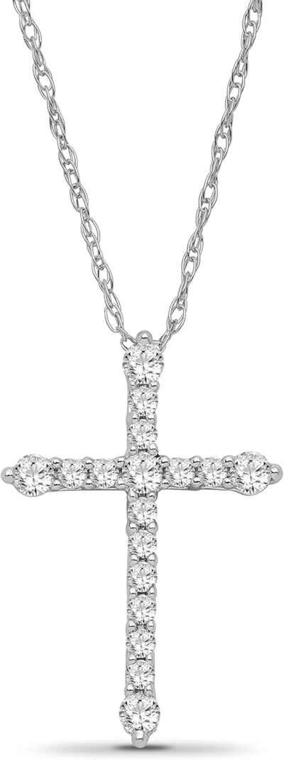 10K Gold or Silver Diamond Cross Pendant with Sterling Silver Rope Chain Necklace (1/4 cttw, I-J Color, I2-I3 Clarity), 18"