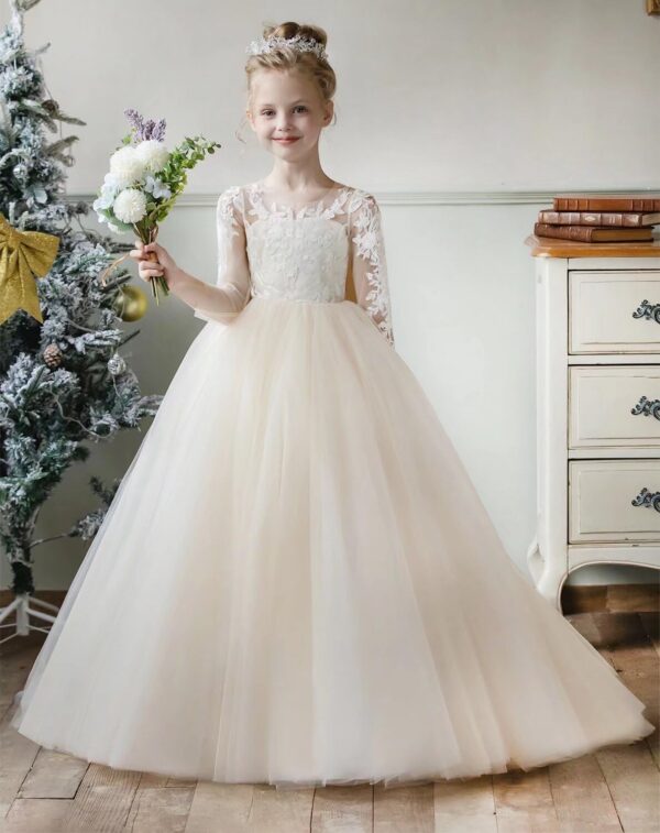 JISISANG Lace Tulle Wedding Flower Girl Dress Long Sleeve Princess First Communion Dresses Pageant Tutu Dress with Bow Knot - Image 4