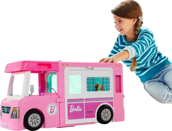 Barbie Camper Playset, 3-in-1 DreamCamper with Pool & 50 Accessories, Transforms into Doll-Sized Truck, Boat & House (Amazon Exclusive)