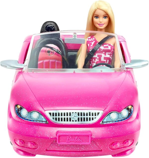 Barbie Doll & Car Playset, Sparkly Pink 2-Seater Toy Convertible with Glam Details & Fashion Doll in Sundress & Sunglasses (Amazon Exclusive) - Image 3