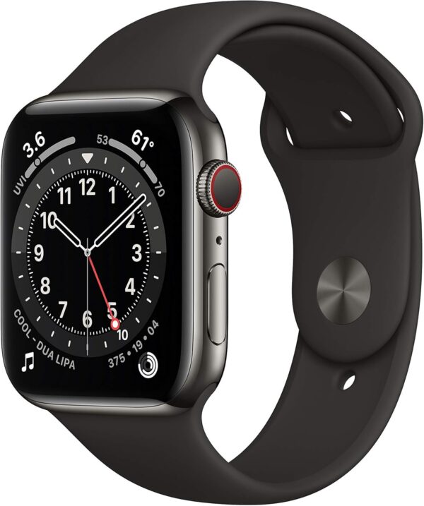 Apple Watch Series 6 (GPS + Cellular, 44mm) - Graphite Stainless Steel Case with Black Sport Band (Renewed)