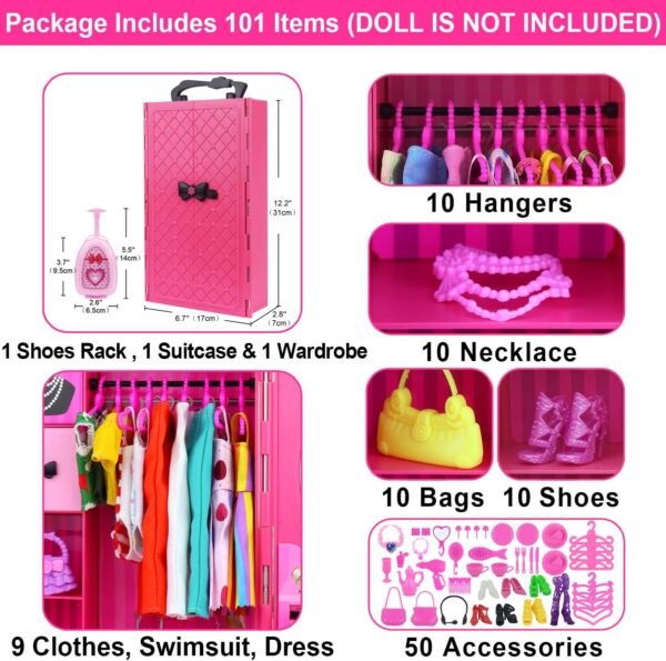 ZITA ELEMENT 11.5 Inch Girl Doll Closet Wardrobe with Clothes and Accessories Set 101 Pcs Including Wardrobe Suitcase Clothes Dresses Swimsuits Shoes Hangers Necklace Bags and Other Stuff - Image 2