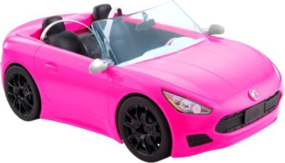 Barbie Toy Car, Bright Pink Doll-Sized Convertible with 2 Seats, Seatbelts & Rolling Wheels, Realistic Details