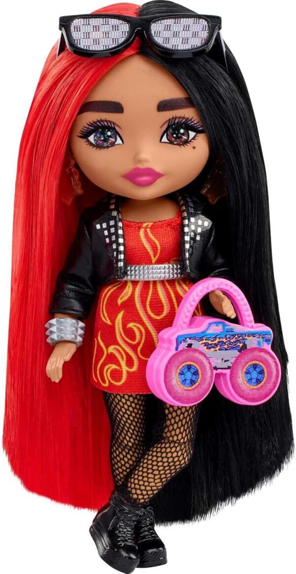 Barbie Extra Minis Doll & Accessories with Red & Black Hair Wearing Flame-Print Dress & Moto Jacket, 5.5-inch