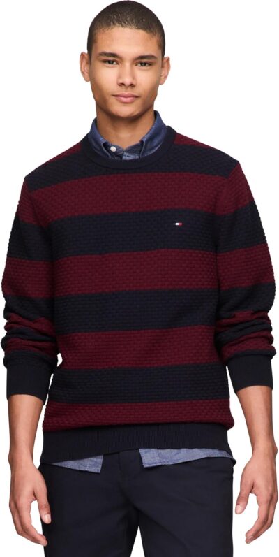 Tommy Hilfiger Men's Textured Waffle Knit Crewneck Sweater Lightweight Pullover, Available in Big & Tall