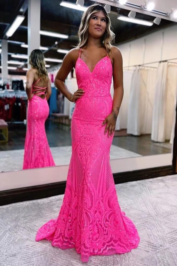 TIRAS Long Sequin V Neck Prom Dresses Spaghetti Straps Mermaid Formal Party Evening Gowns for Women CM267 - Image 2