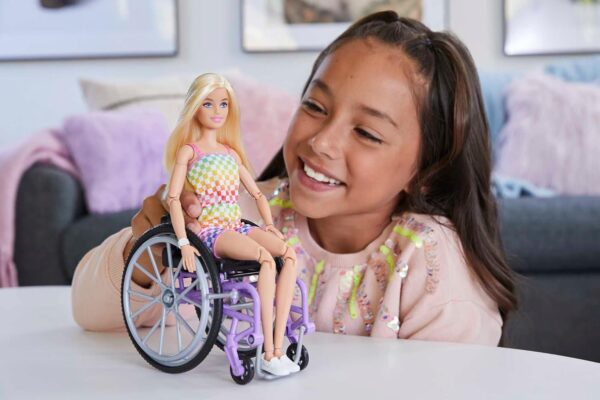 Barbie Fashionistas Doll #194 with Wheelchair & Ramp, Straight Blonde Hair & Rainbow Romper with Accessories - Image 2