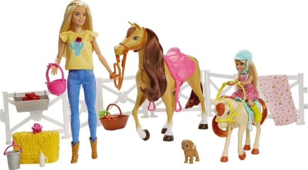 Barbie Playset and Chelsea Blonde Dolls, 2 Horses with Bobbling Heads and 15+ Toy Accessories That Include Corral Fencing, Feeding, Grooming, Nurturing and Horseback Riding Pieces, 3Y+