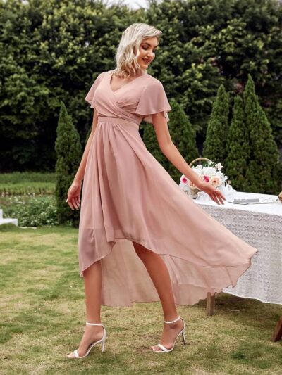 YMSHA Pleated High Low Bridesmaid Dresses for Women V Neck Short Sleeve Formal Dress with Pockets YMS172 - Image 3