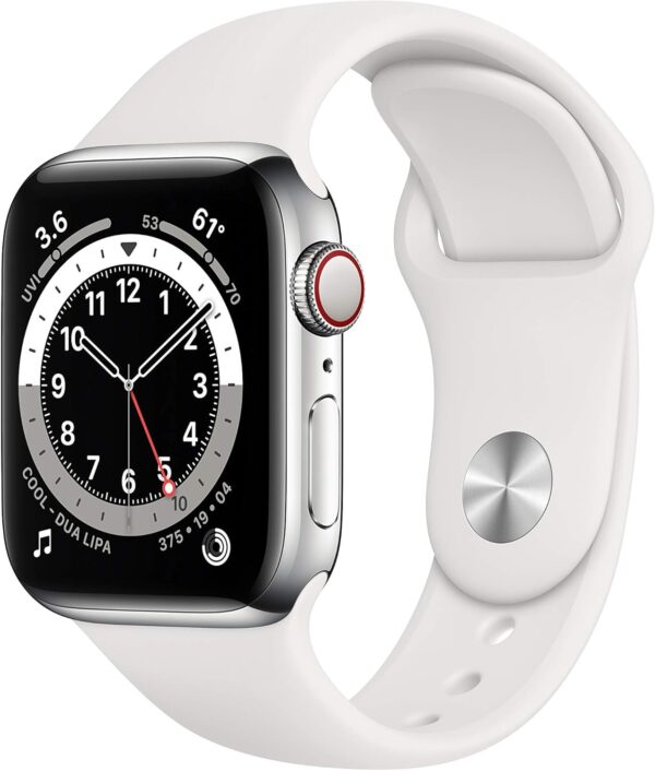 Apple Watch Series 6 (GPS + Cellular, 40mm) - Silver Stainless Steel Case with White Sport Band (Renewed)