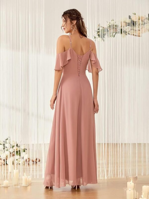 Dymaisei Cold Shoulder Chiffon Bridesmaid Dresses Spaghetti Straps Formal Party Dress with Slit - Image 2