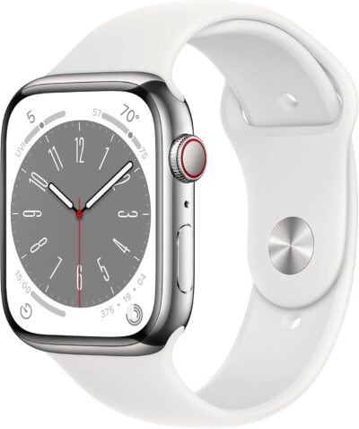 Apple Watch Series 8 (GPS + Cellular) 45mm Silver Stainless Steel Case - White Sport Band - M/L - Fitness & Blood Oxygen Tracker