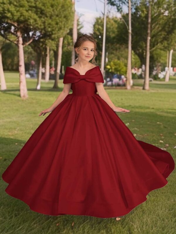 Satin Flower Girl Dress with Bow - Off Shoulder First Communion Dress for Girls Pageant Dresses - Image 2