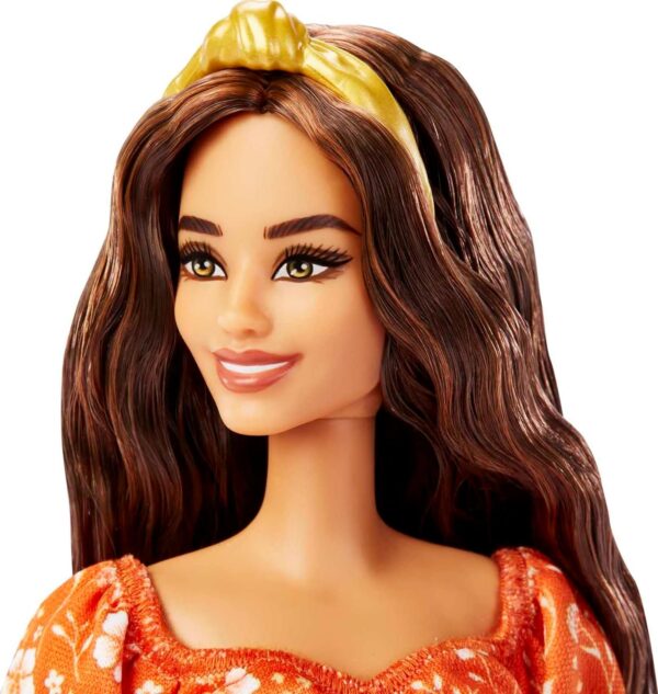 Barbie Fashionistas Doll #182 with Long Wavy Brunette Hair, Orange Floral Print Dress & Accessories Including Headband & Heels - Image 3