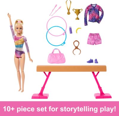 Barbie Careers Playset, Gymnastics Set with Blonde Gymnast Fashion Doll, C-Clip for Flipping Action, Balance Beam, Warm-Up Suit & Accessories - Image 2