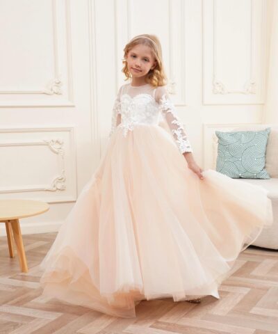 Ivory Lace Flower Girl Dress Long Sleeve Princess Gown Wedding Pageant GZY202 - Image 3