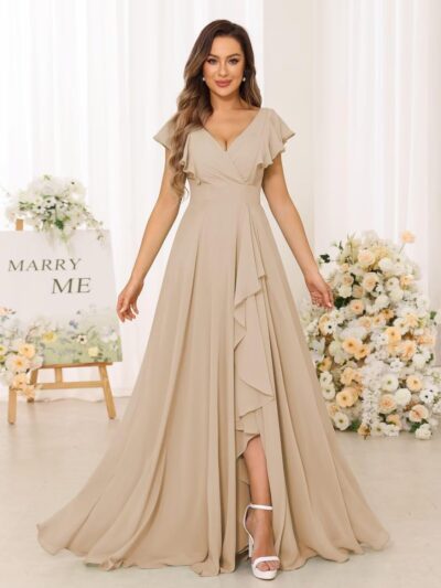 V Neck Ruffles Bridesmaids Dress Long Chiffon Formal Prom Party Evening Gown with Slit for Women DN52 - Image 2