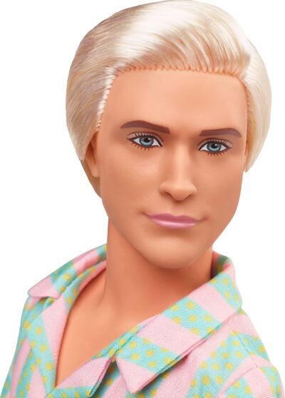 Barbie The Movie Ken Doll Wearing Pastel Pink and Green Striped Beach Matching Set with Surfboard and White Sneakers - Image 2