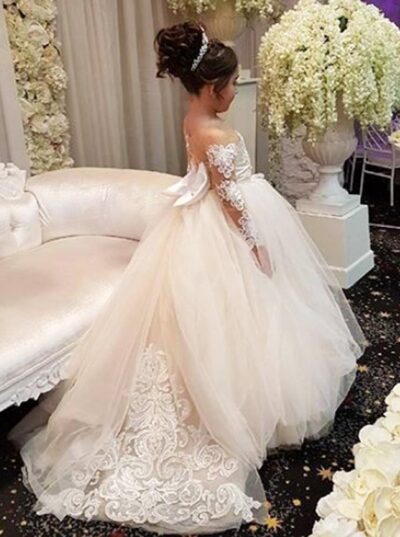 Magicdress Princess Long Flower Girls Lace Dresses Kids Wedding First Communion Tulle Ball Gown with Bow57 - Image 2