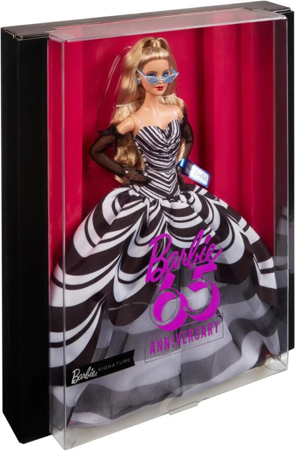 Barbie Signature Doll, 65th Anniversary Collectible with Blonde Hair, Black & White Gown, Sapphire Gem Earrings & Sunglasses - Image 4