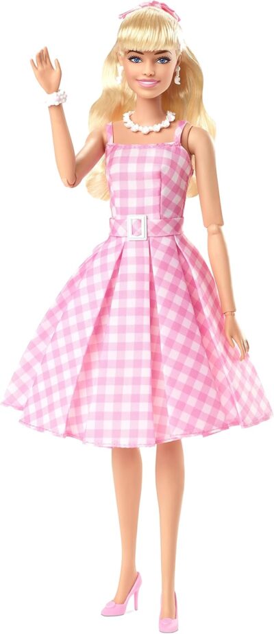 Barbie The Movie Doll, Margot Robbie as, Collectible Doll Wearing Pink & White Gingham Dress with Daisy Chain Necklace - Image 4