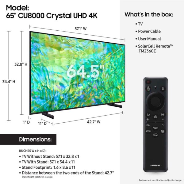 SAMSUNG 65-Inch Class Crystal UHD 4K CU8000 Series PurColor,Object Tracking Sound Lite,Q-Symphony,Motion Xcelerator,Ultra Slim,Solar Remote,Smart TV with Alexa Built-in (UN65CU8000,2023 Model),Black - Image 2