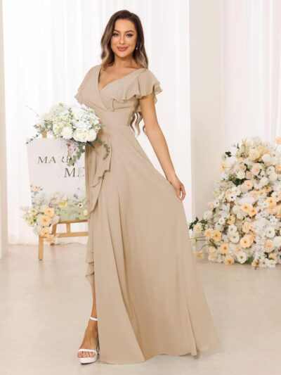 V Neck Ruffles Bridesmaids Dress Long Chiffon Formal Prom Party Evening Gown with Slit for Women DN52 - Image 3