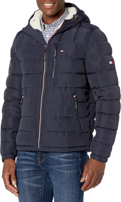 Tommy Hilfiger Men's Sherpa-Lined Hooded Puffer Jacket - Water Resistant & Midweight