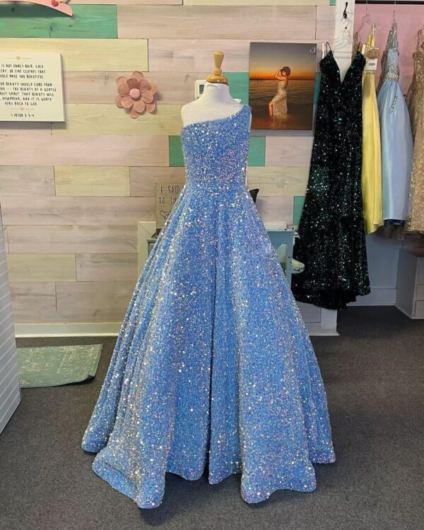 One Shoulder Sequin Pageant Gowns Sparkly Ball Gown Flower Girl Dresses for Wedding Princess Kids Toddler Dress - Image 3