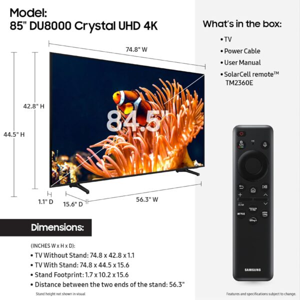 SAMSUNG 85-Inch Class 4K Crystal UHD DU8000 Series HDR Smart TV w/Object Tracking Sound Lite, Motion Xcelerator 120Hz, Ultra Slim Design, Gaming Hub, Alexa Built-in (UN85DU8000, 2024 Model) - Image 2