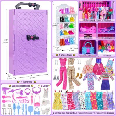 Ecore Fun 86 Pcs Doll Accessories with Doll Closet Wardrobe for 11.5 Inch Doll Dress Up Set Including Wardrobe Handbags Dress Shoes Hangers Necklace Pet and Other Accessories (No Doll)… - Image 2